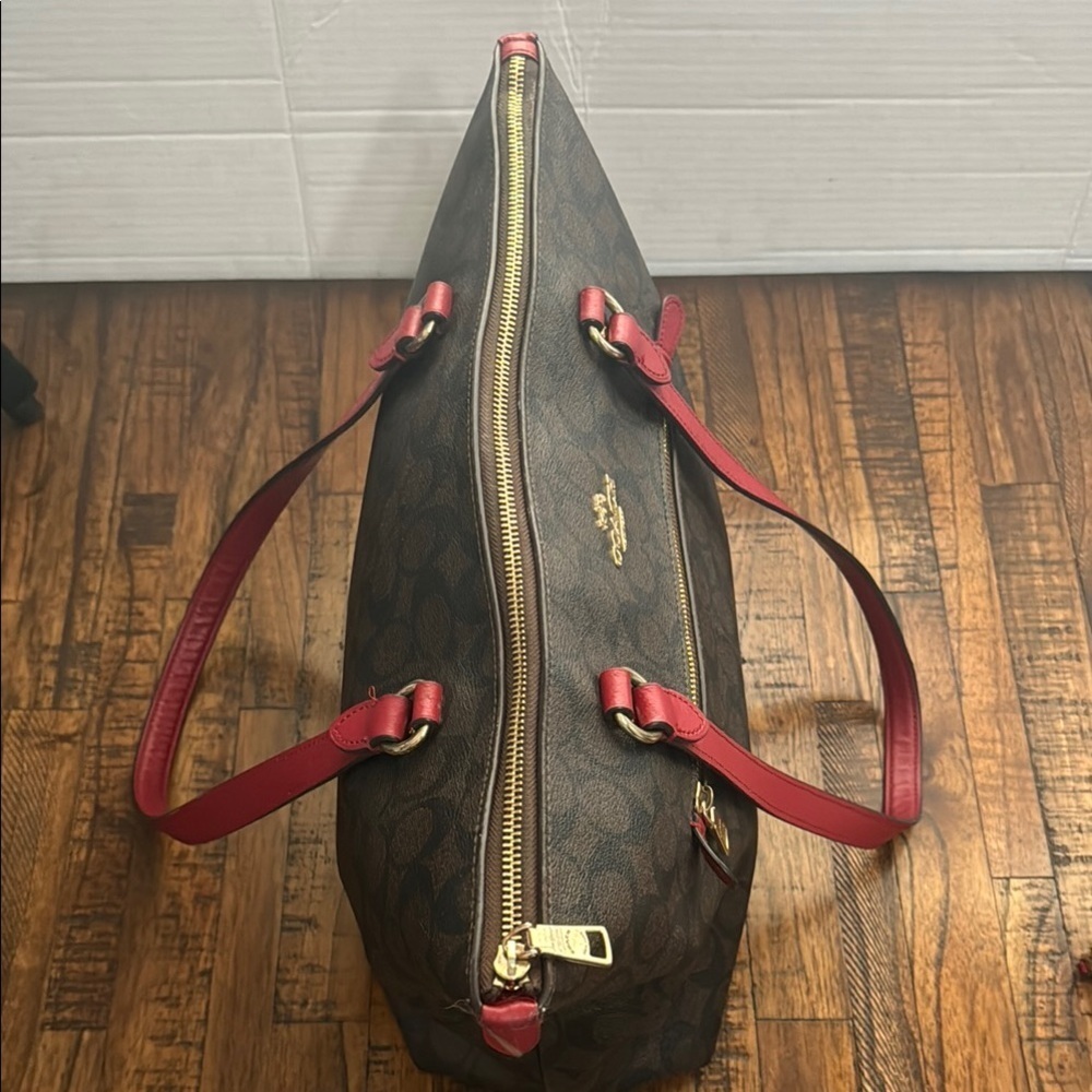 Coach Brown and Red Gallery Tote Bag brown with red handles and accents. - Picture 15 of 16